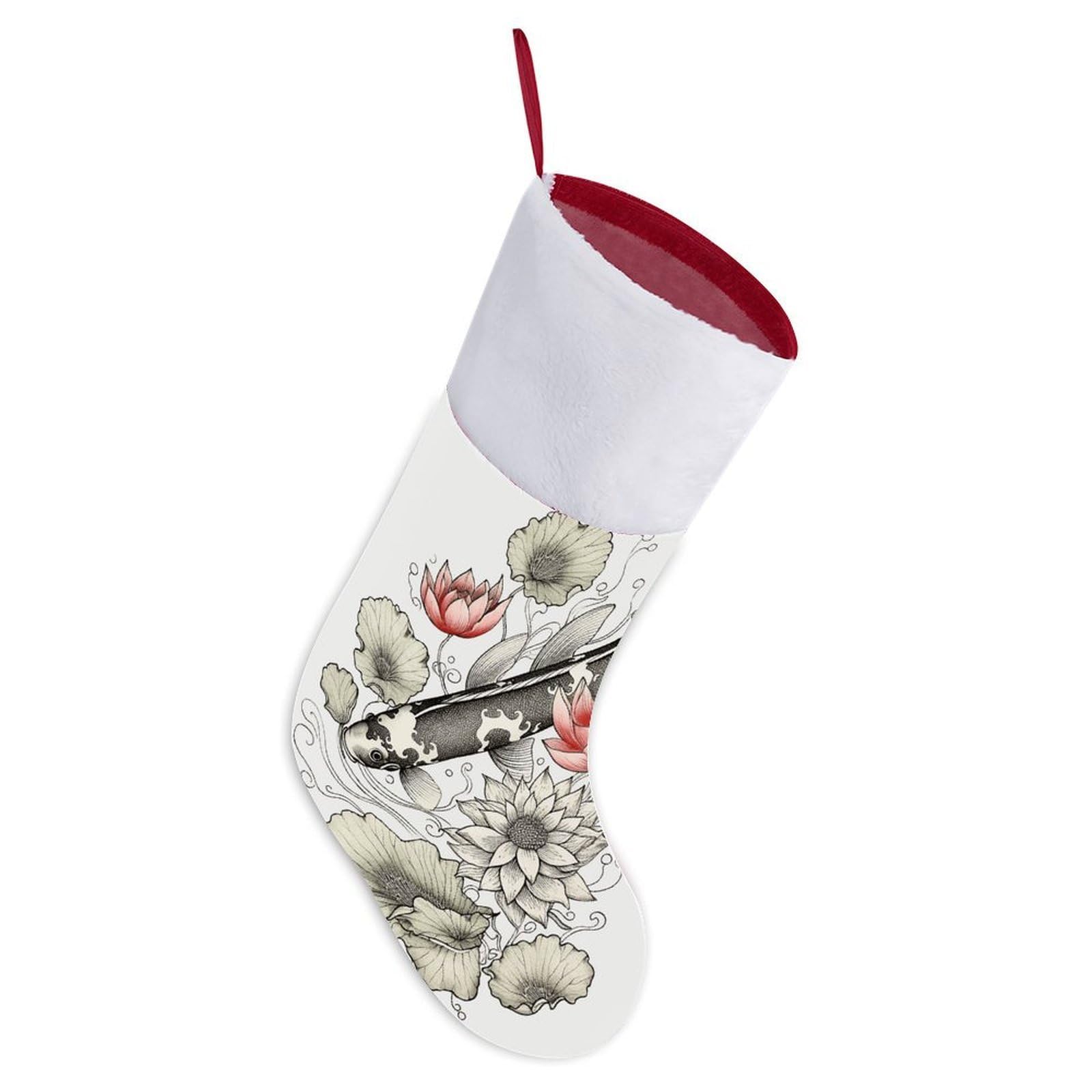 Fish Japanese Carp Lotus Leaves Flower Christmas Stocking, 16.5 Inch Festive Themed Socks Personalized Hanging Stockings Large Super Soft Xmas Stocking for Xmas Tree Mantel Party Decor