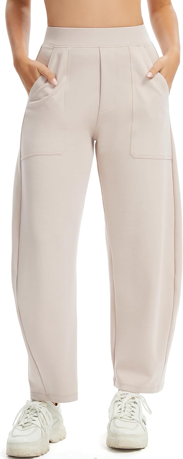 Womens Baggy Wide Leg Pants Barrel Leg Sweatpants Casual Elastic Waisted Stretch Travel Pants with Pockets