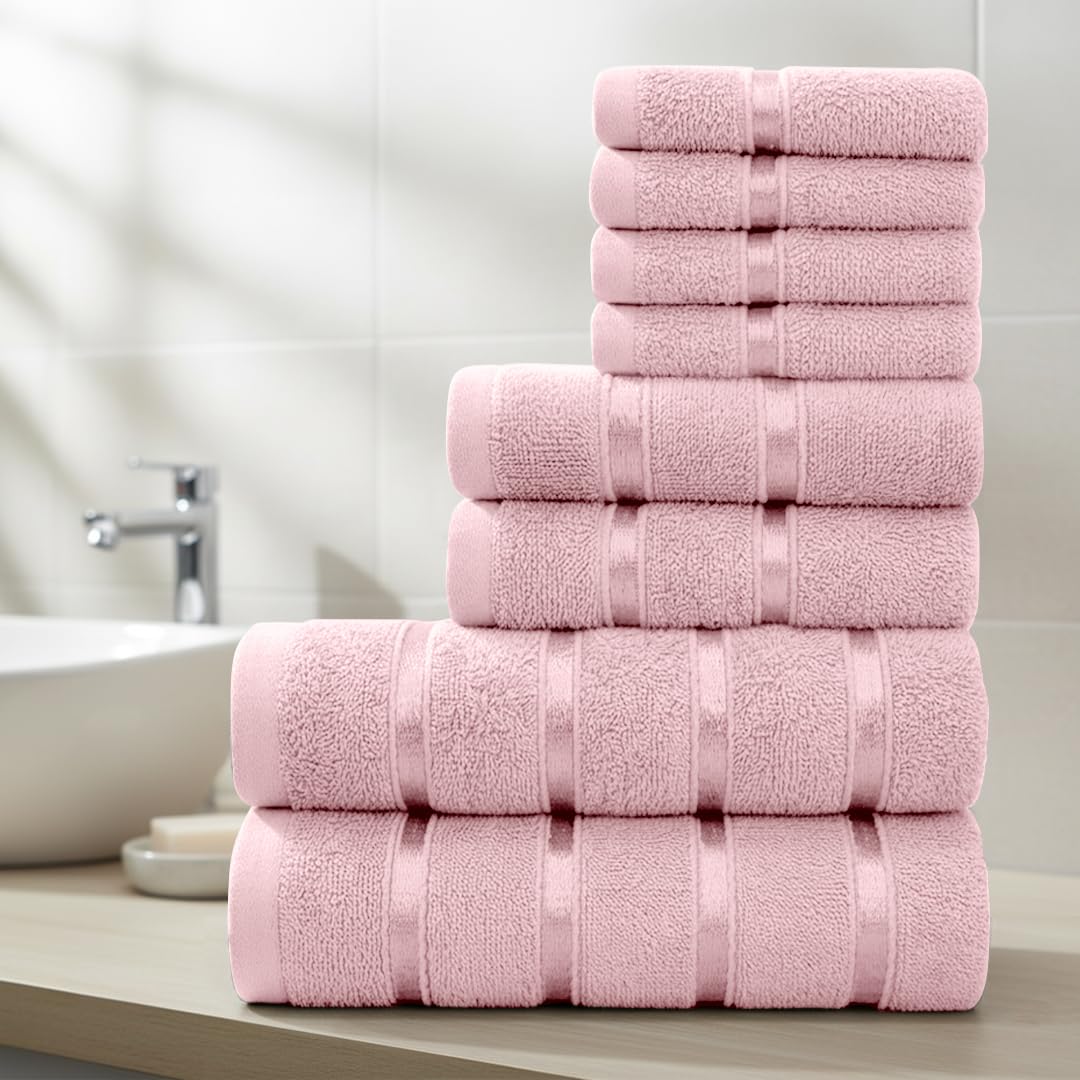 Casabella Pink Towels Set - 8 Pc Towels For Bathroom - Bath Towel Set 100% Cotton - 2 Bath Towels, 2 Hand Towels, 4 Face Cloth - Quick Dry Hotel Quality Bathroom Towels Bale Set