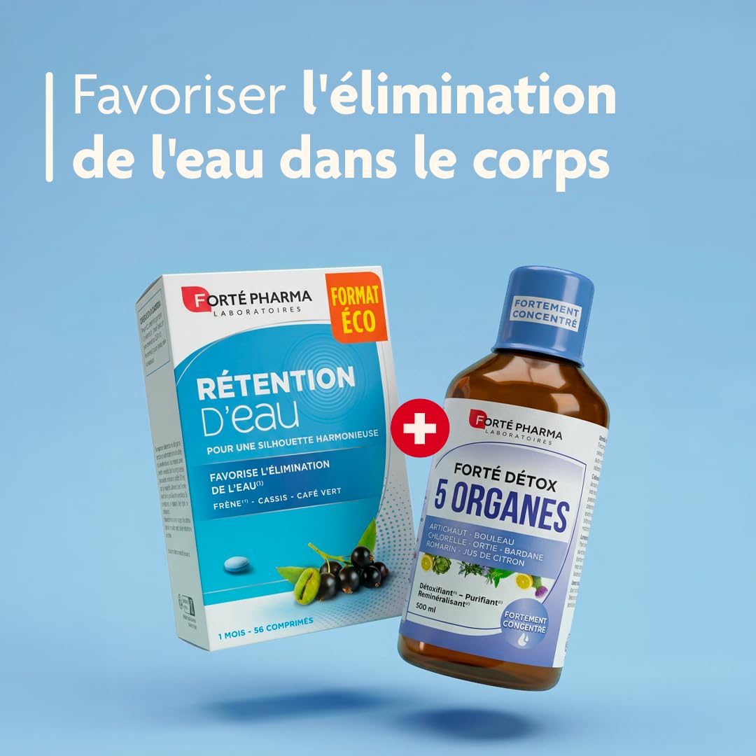Forté Pharma - Rétention d'eau - Minceur perte de poids, Draineur, Antioxydant, brule graisse - Frêne, Cassis, Café Vert, Sélénium, Vitamines B, Grenade - 2/jour, 28 jours