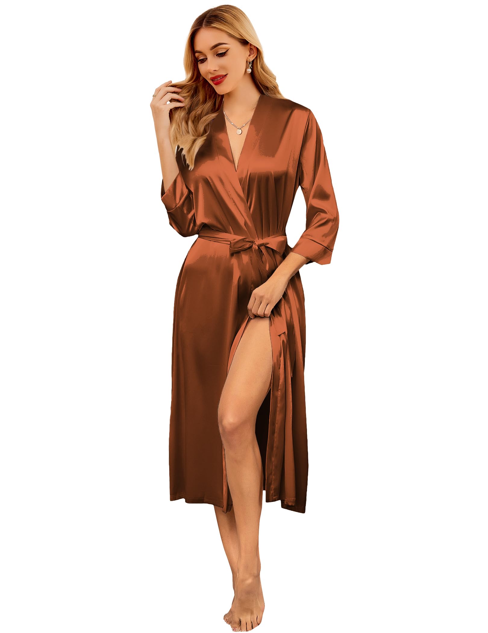 Ekouaer Silk Robes for Women Long Satin Bride Bridesmaid Robe with Pockets