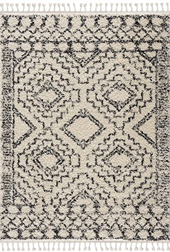 Image of Hauteloom Berber Shag Collection - Buan Farmhouse Living Room Bedroom Area Rug with Tassel - Fluffy Plush High Pile Carpet - Southwestern Bohemian Tribal Style - Beige, Cream, Black - 5'3 inch x 7'3 inch