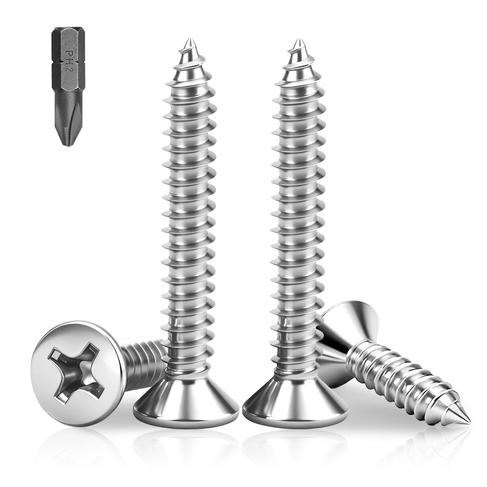 PDKKFF M5x50mm Flat Head Wood Screws, 50Pcs Metal Self Tapping Screws, 304 Stainless Steel Phillips Countersunk Head Screws for Woodworking, Furniture, DIY