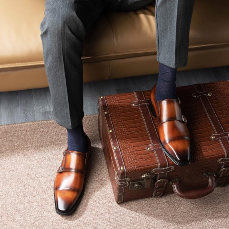 Men's Oxfords Business Dress Shoes Men's Shiny Patent Leather Suit Tuxedo Shoes Double Monk Strap Dress Shoes Pointed Toe Leather Oxford Formal Business Casual Cap Toe Dress Shoes for Men(Brown,8.5)3