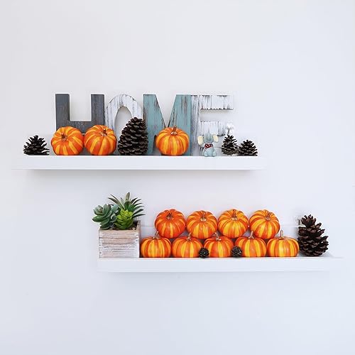 Miniatura 7 de Winlyn 12 calabazas artificiales pequeñas naranjas decorativas, calabazas de espuma sintética a rayas amarillas para otoño, rústico, Acción de