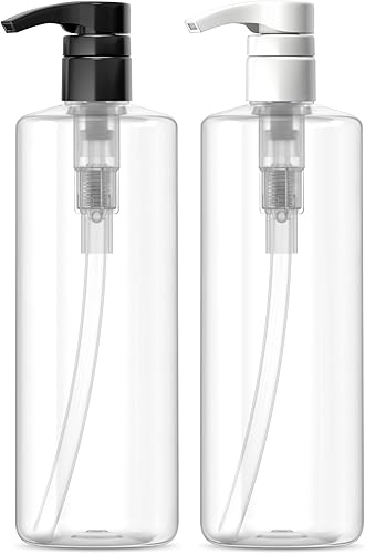 Bar5F Botellas de loción de plástico con bombas en blanco y negro, 16 onzas, a prueba de fugas, cilindro transparente vacío, recargable, sin BPA