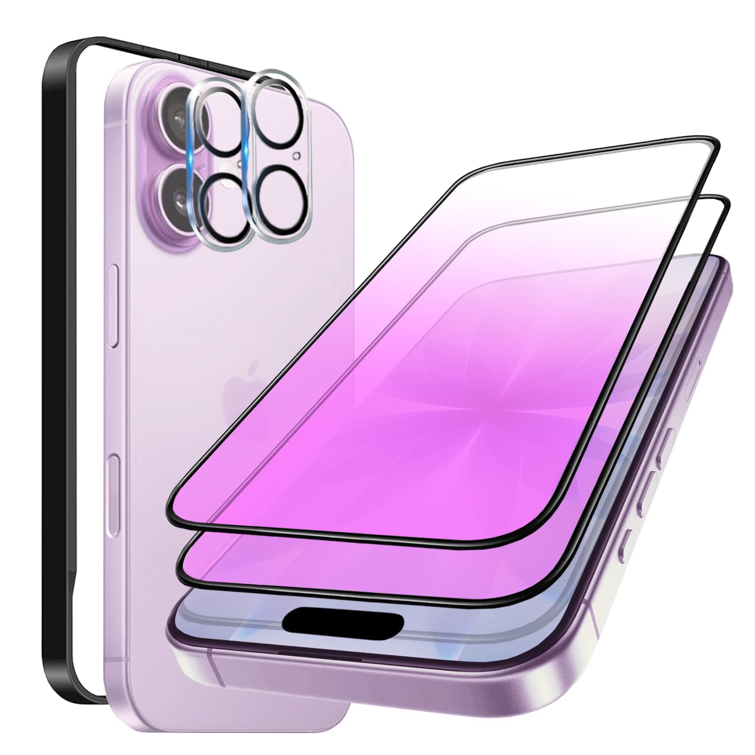 【ブルーライトカット】ガラスフィルム iPhone 17 用 強化ガラスフィルム(2枚入り)＋レンズ保護フィルム (2枚入り) 全面保護 目の疲れを軽減 アイフォン17 液晶保護フィルム 6.3インチ対応 気泡ゼロ 指紋防止 ガイド枠付き 貼り付け簡単