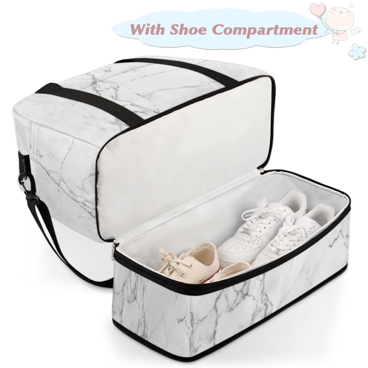 Bolsa de viaje plegable de mármol blanco con textura, bolsa de fin de semana de mármol de 47 litros con manga de carrito bolsa de hombro separada para deportes, gimnasio, viajes, multicolor, 47L,