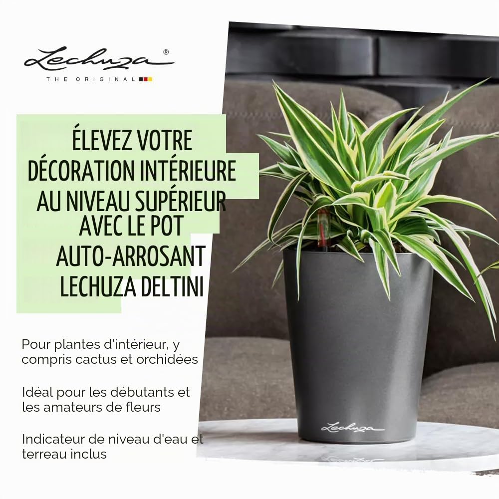 Lechuza – Pot de Fleurs d'Interieur – Deltini – Réserve d'Eau Intégrée – Coloris Taupe – Ø 14 x 18 cm