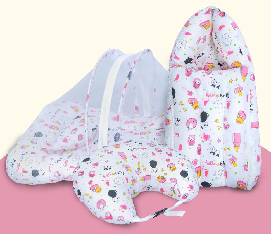 Infans Mini Baby Bedding Set, 3 Pcs Cotton Sleeping Essential|Baby Sleeping Bag|Mother Nursing Feeding Pillow|Mosquito Net Bed for 0-6 Months (Panda Pink)