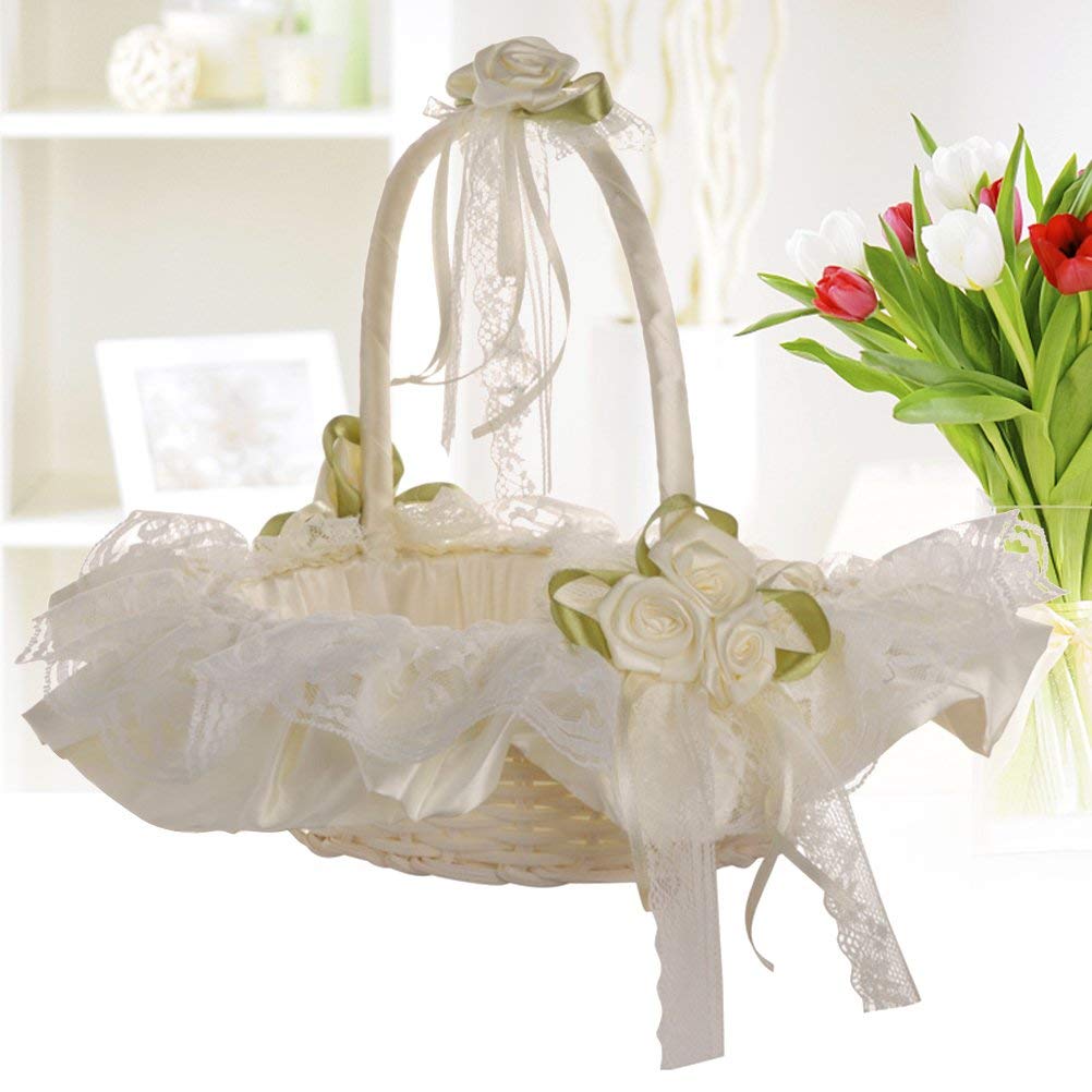 2 Cestini Matrimonio Julia In Vimini - Bianco Con Fiori In Raso, Per Confetti E Petali - Foto 10