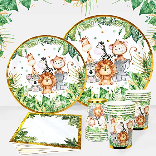 Platos y servilletas de fiesta Jungle Safari para niños, 96pcs de papel,vasos y servilletas de fiesta verde,platos de baby shower para fiesta de cumpleaños,decoración de fiesta temática Jungle Safari Cover
