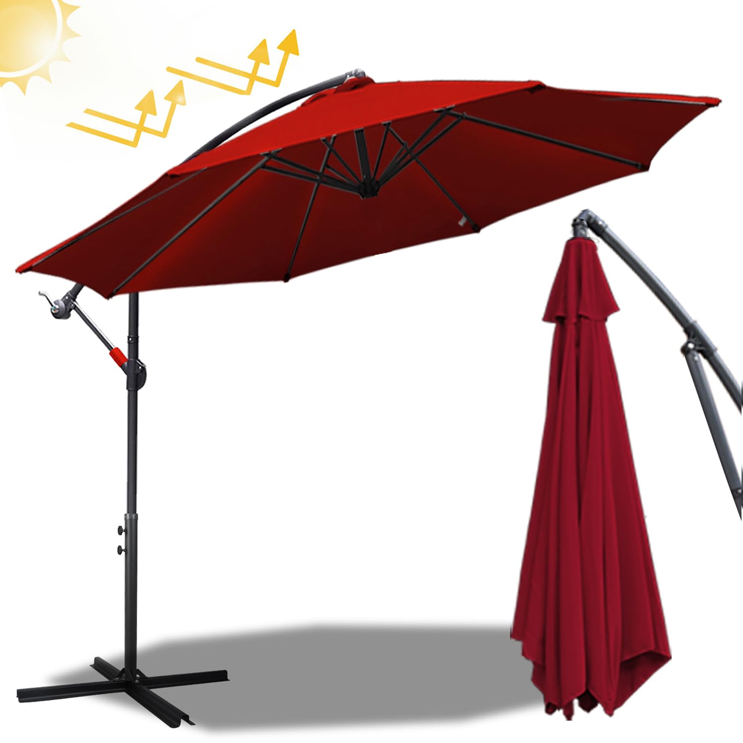 Fiqops Sombrilla LED solar de 350 cm de diámetro con manivela | sombrilla de aluminio con soporte | sombrilla de jardín, protección solar UV de aluminio, paraguas de manivela impermeable para jardín