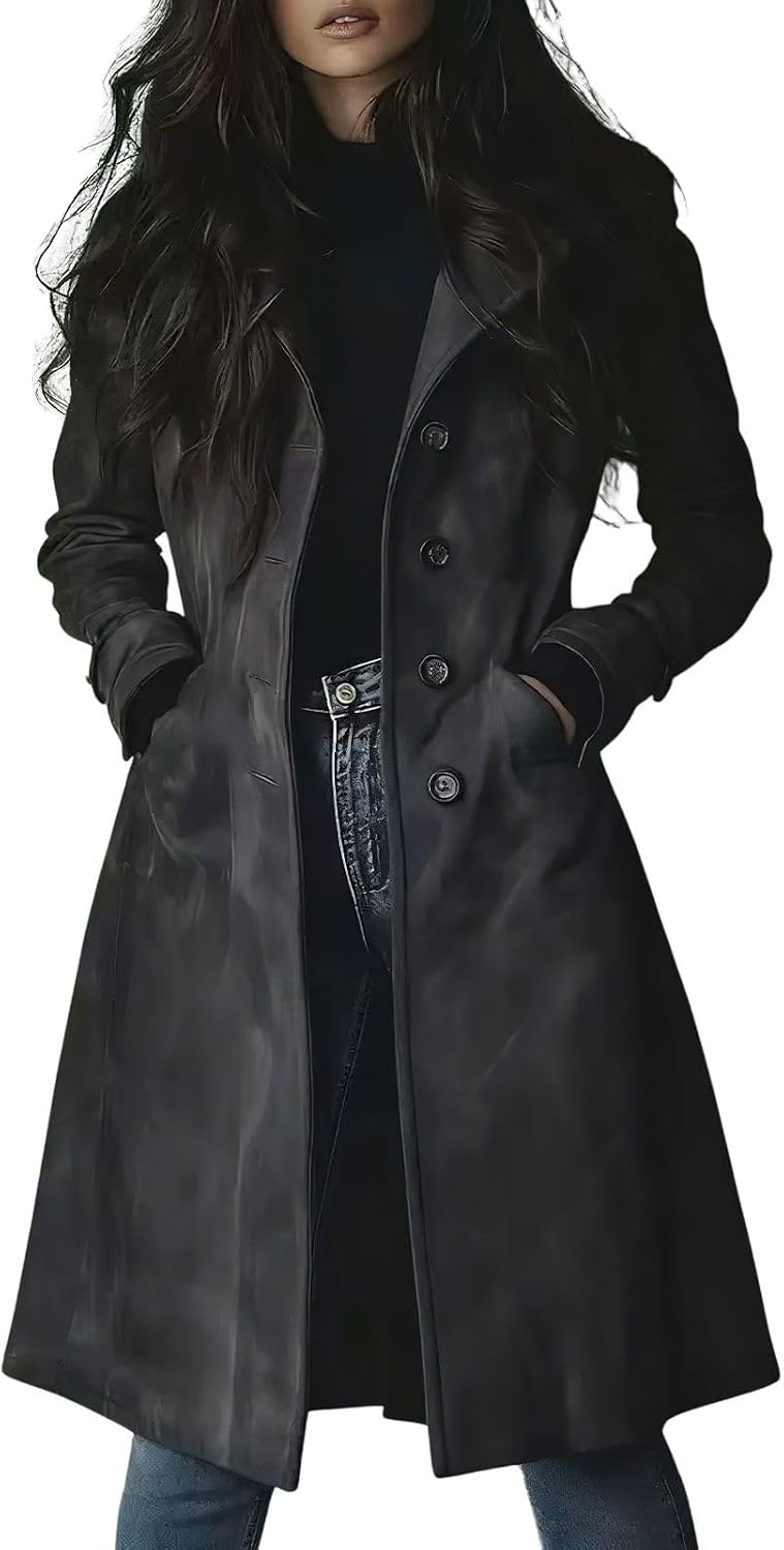 ebossy Women's Faux Suede Mid Long Trench Coat Notch Lapel Jacket Overcoat with Pockets