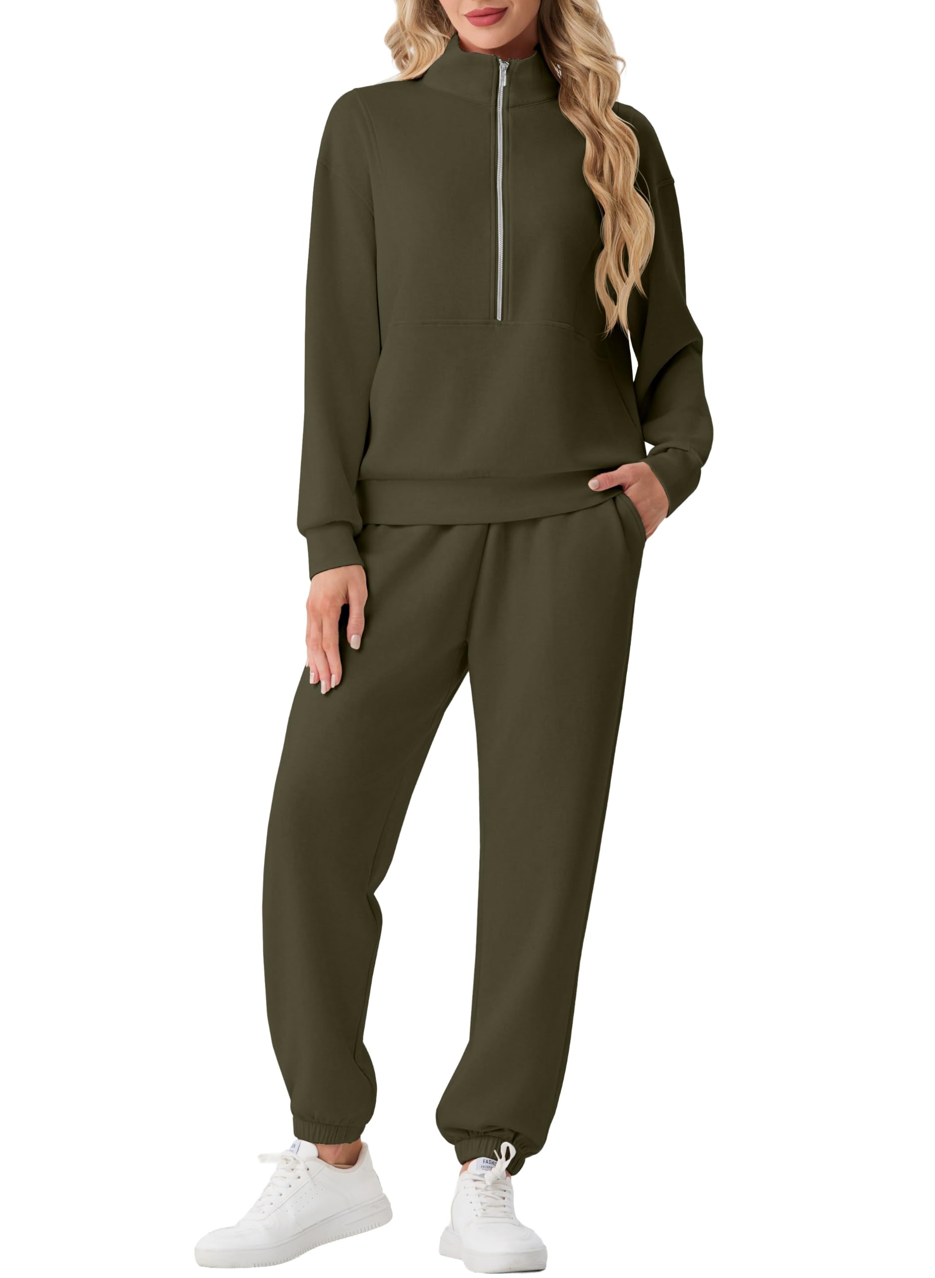 GRECERELLE Damen Jogginganzug Zweiteiler mit Halbzip | Komfortabler Relaxed Fit Half-Zip Trainingsanzug Style Damen Zweiteiler