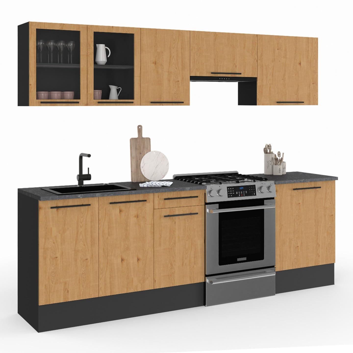 IDMarket - Cocina completa SUBTIL de 240 cm con vitrina + superficie de trabajo de 7 elementos en madera y negro