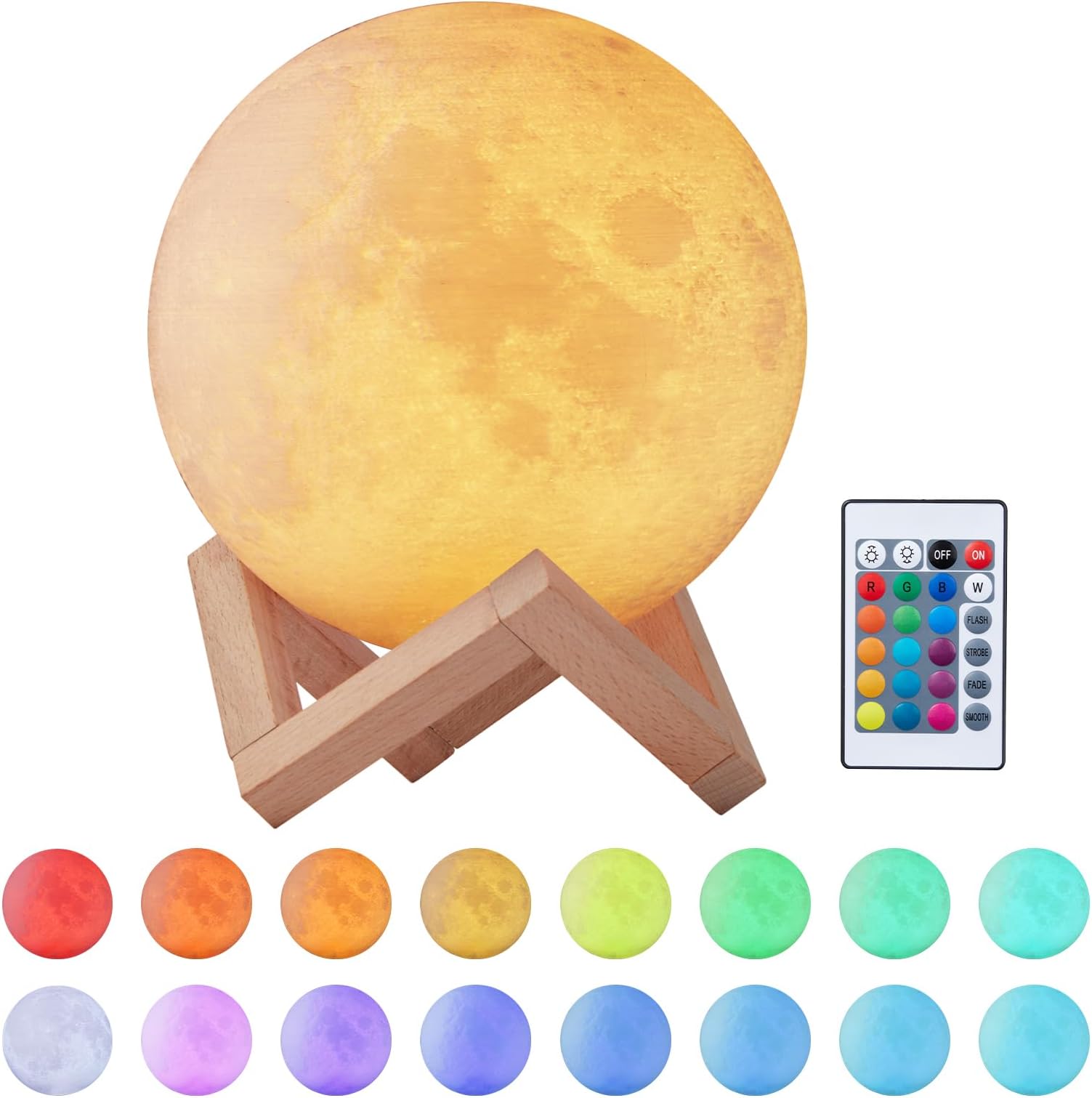 EXTSUD Full Moon Lamp, LED Lunar Night Light with Remote Control, Dimmable Brightness, 16 Colors, 4 Light Modes, USB Rechargeable Table Lamp Moonlight with Wooden Holder (15 CM)