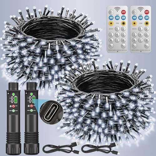 Rechargeable Battery Twinkle Lights with Remote, 2 Pack Total 66ft 200 LED Rechargeable Battery Operated String Lights Waterproof, Christmas Light Outdoor Indoor for Chirsmas Tree Decor(Cool White)
