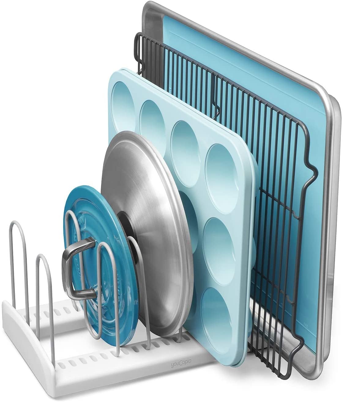 YouCopia StoreMore Adjustable Pan and Lid Rack, Pot Lids and Pans Organizer for Kitchen Cabinet Storage, Standard, White