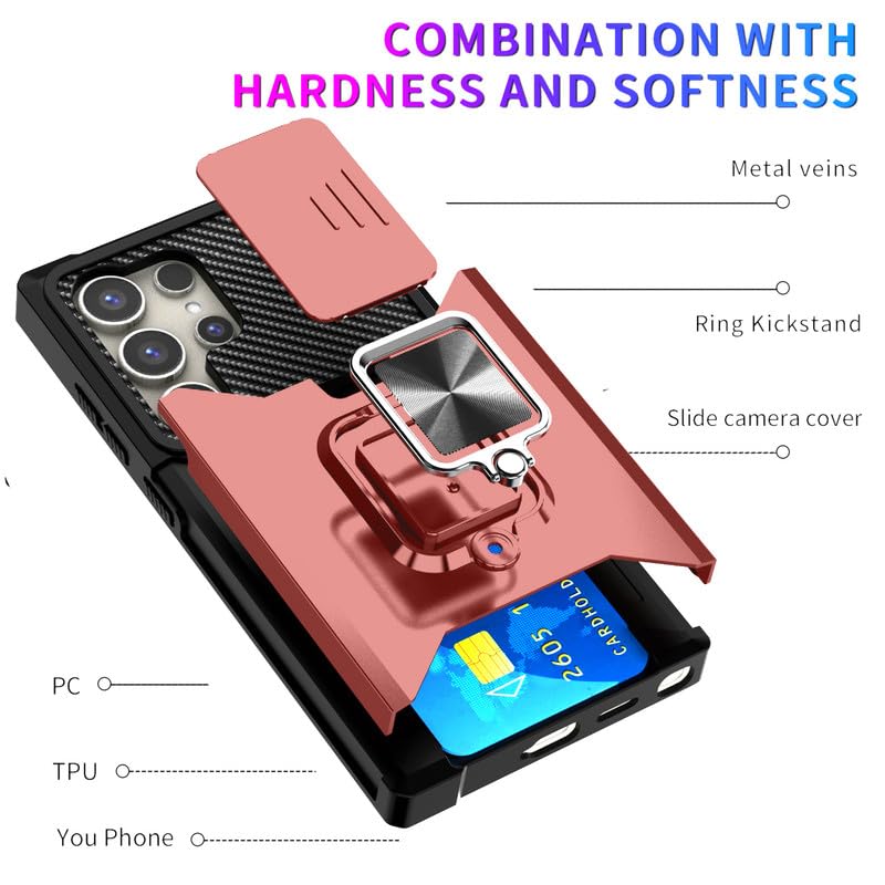 Image of LuxuryKase Shockproof Armor Case for Samsung Galaxy S25 Ultra | Slide Camera Cover | Hidden Card Slot | Rotating Ring Kickstand | Magnetic Car Mount Support | Military Grade Protection - Rose Gold