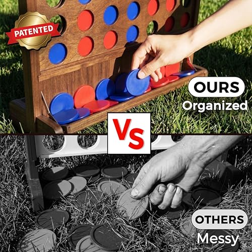 Image of Giant Wooden 4 in A Row Game with Folding Catch Tray, Wall-Mountable or Ground Play, Indoor Outdoor & Backyard Game, Includes Carry Case and Detachable Legs