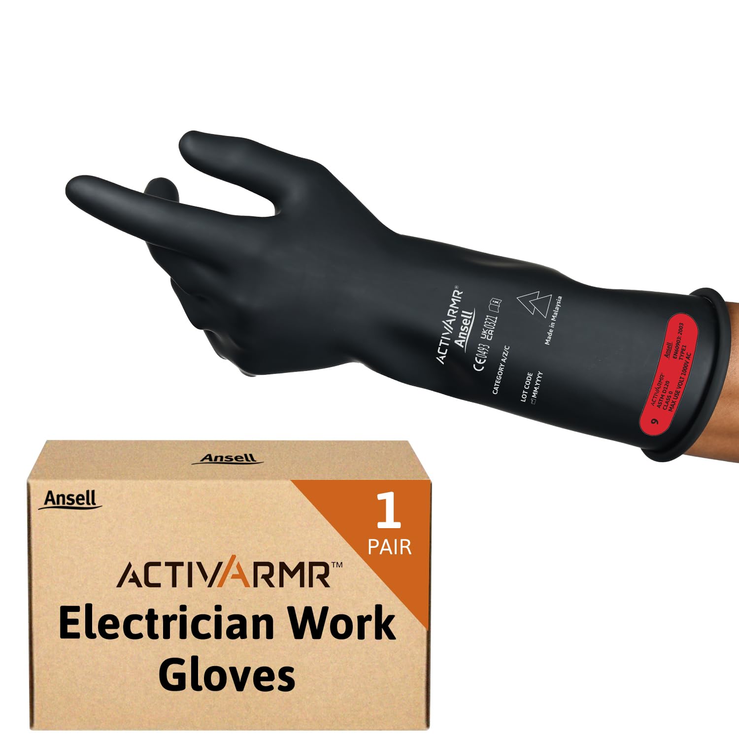 Ansell ActivArmr Electrician Work Gloves, Electrical Protection Class 0 (1000V), Insulating Natural Rubber Latex Gloves, Industrial Safety PPE, 14 Inches, Black, Size M (1 Pair)