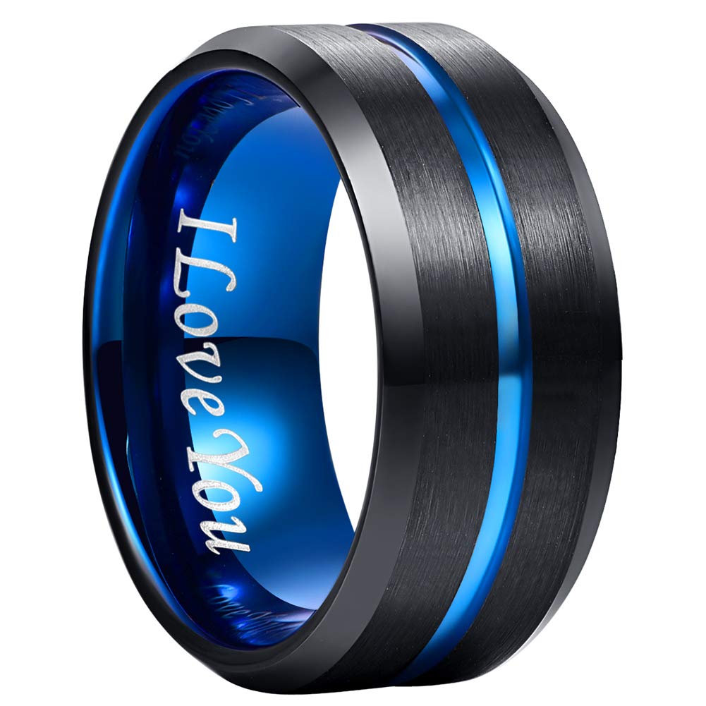 NUNCADTungsten Ring for Men Women 4/6/8/10mm Black/Blue/Gold/Rose Gold/Silver Groove Wedding Bands Beveled Edges Engraved I Love You Size 4 to 17