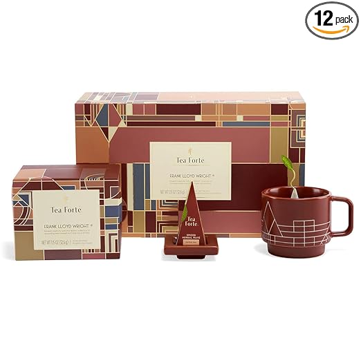 Tea Forte Frank Lloyd Wright 3-Piece Tea Gift Set with Sienna Stoneware Cup with Tea Tray and 10 Count Mini Presentation Box, 2 of Each Blend Handcrafted Pyramid Infuser Tea Bags