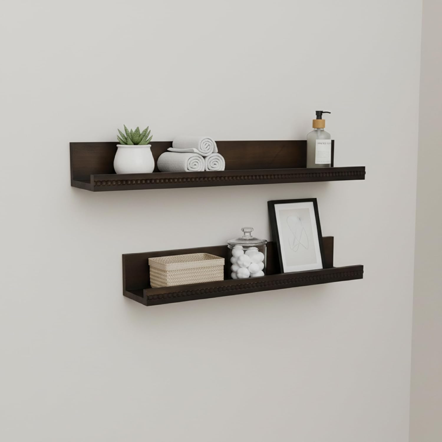 American Art Decor Beaded 2-Piece Floating Wall Shelf Ledge Set, Kona Dark Brown Shabby Chic Carved Picture Ledge Shelves with Lip, Decorative Wall Ledge for Nursery, Gallery, or Living Room Display