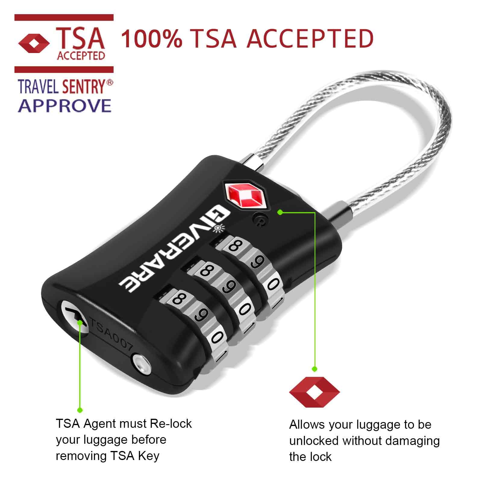 Paquete de 2 candados de equipaje aprobados por la TSA, candado de viaje para maleta de cable, establece tu propia combinación de candado de cremallera de metal, candado de grillete largo de 3 dígitos