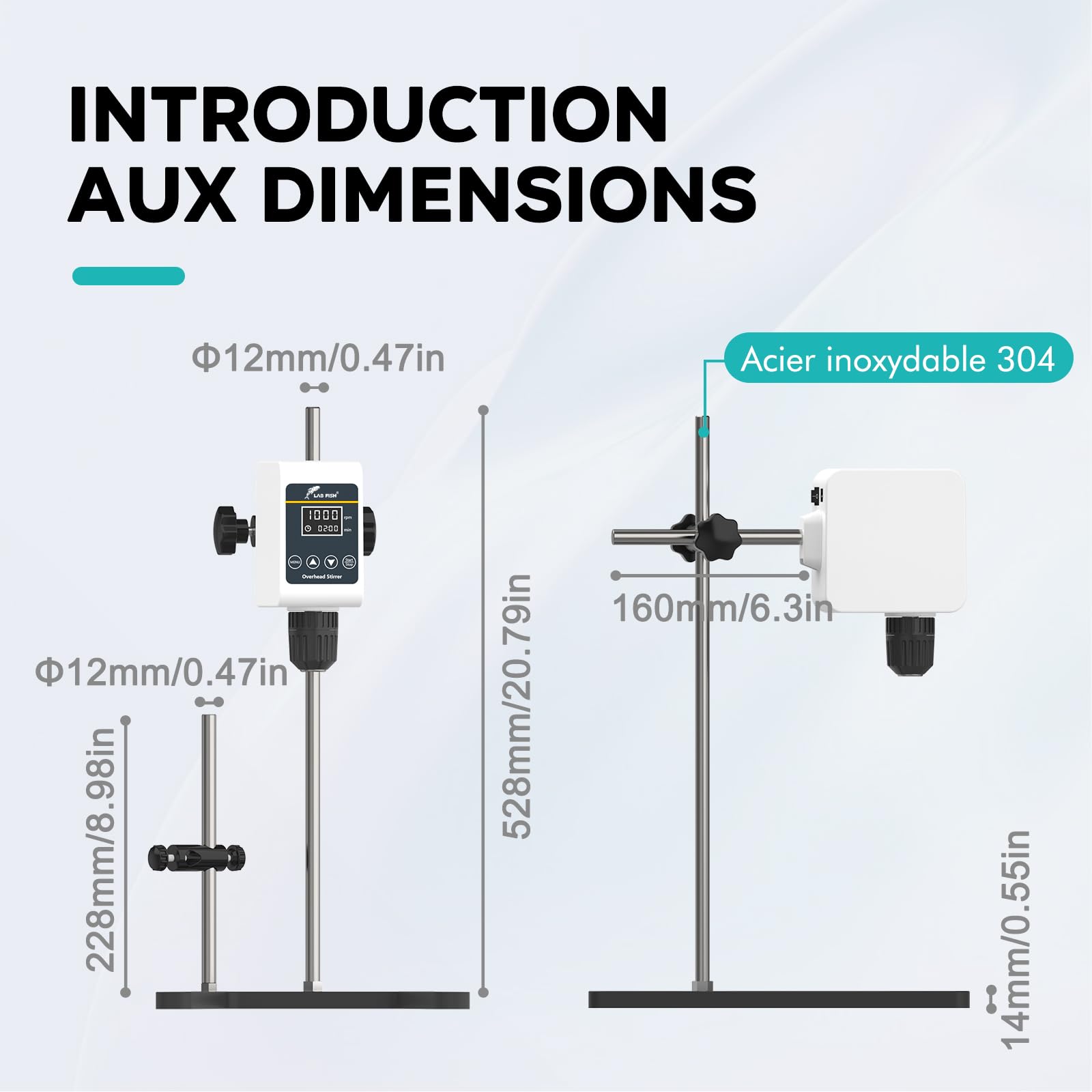 LAB FISH OS-5S Agitateur Aérien Overhead Stirrer, Mélangeur Laboratoire 36W avec Pale et Support Acier Inox, Vitesse Ajustable 100-1200 tr/min, Minuterie 1min-24h, pour 10L & 10000 mPas Max