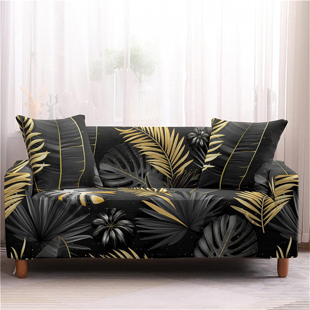 Fansu Black Gold Stretch Sofa Cover Tropical Plants Palm Leaf Printed Slipcover, Universal Settee Loveseat Couch Cover Home Decor, Soft Removable Washable Pet Furniture Protector (,2 Seater)