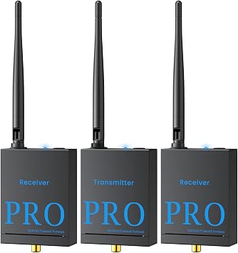 1Mii 3-in-1 2.4Ghz Wireless Audio Transmitter Receiver 1 TX+2 RX | For 2 Powered Speaker/Power Amplifier, 20ms Low Latency, 328ft Range, Optical/Coaxial/3.5mmRCA Audio Input/Output