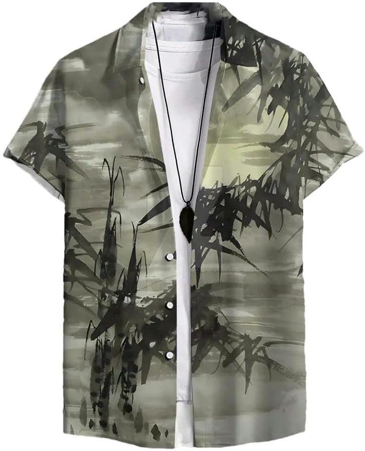 Men's Short-Sleeved Shirt Chinese Style Hawaiian Lapel Casual V-Neck Quick-Drying Lightweight top Summer