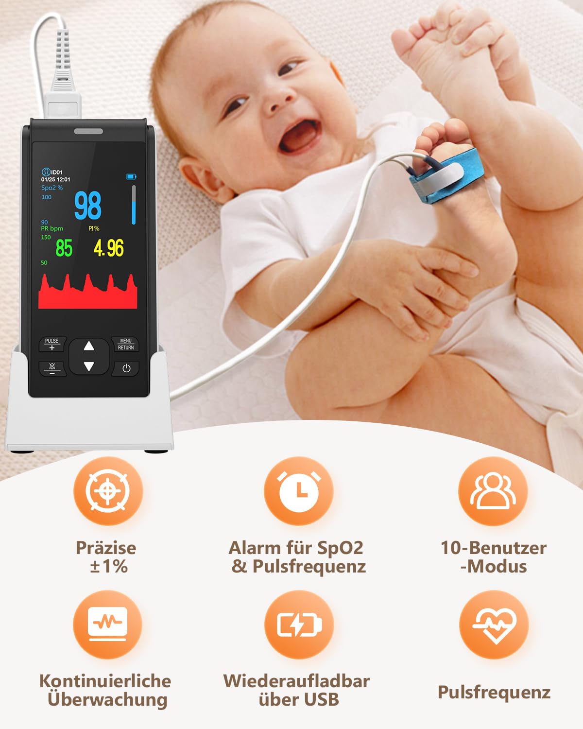 Portable HealthTree Pulsoximeter, wiederaufladbarer Sauerstoffmonitor, Sauerstoffsättigungsmonitor für Kinder, SpO2-Füllstandsüberwachung, Herzfrequenz und Infusionsindex