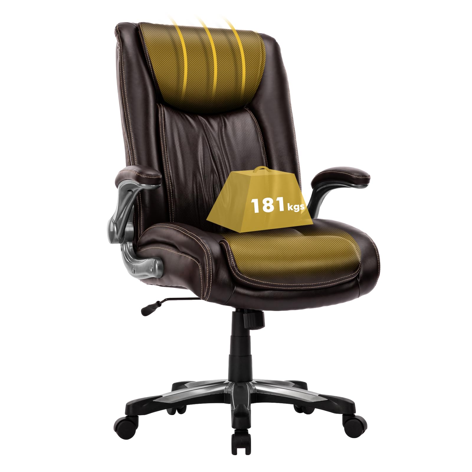 COLAMY Chefsessel Bürostuhl 181kg, Großer Ergonomischer Chefsessel Leder, Breiter Sitz, Klappbare Armlehnen, Höhenverstellbar für das Homeoffice, Braun