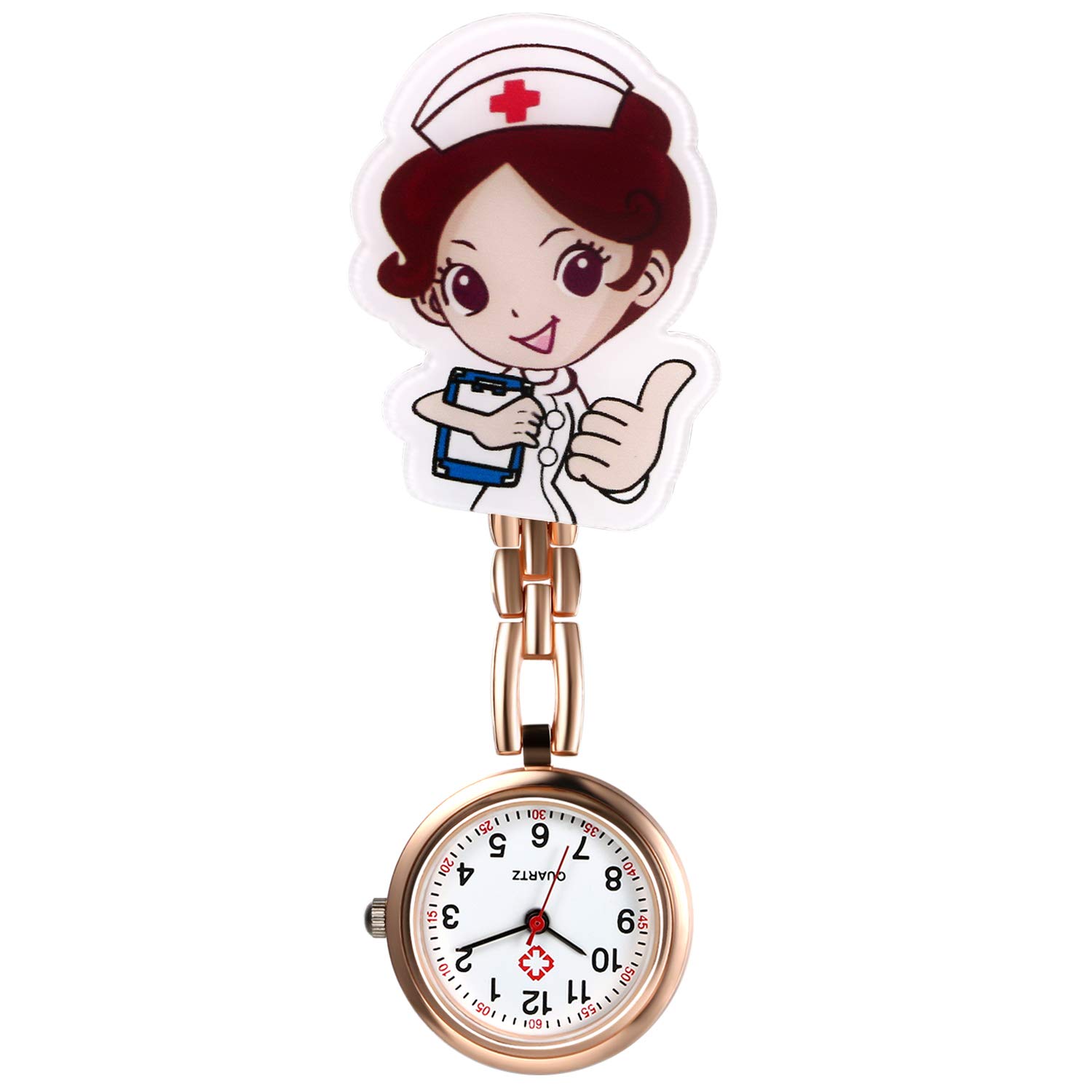 Nurse Watch for Women Clip-on Lapel Hanging Fob Watch Cute Cartoon Rosegold Doctor Hosptial Tunic Stethoscope Quartz Pocket Watch