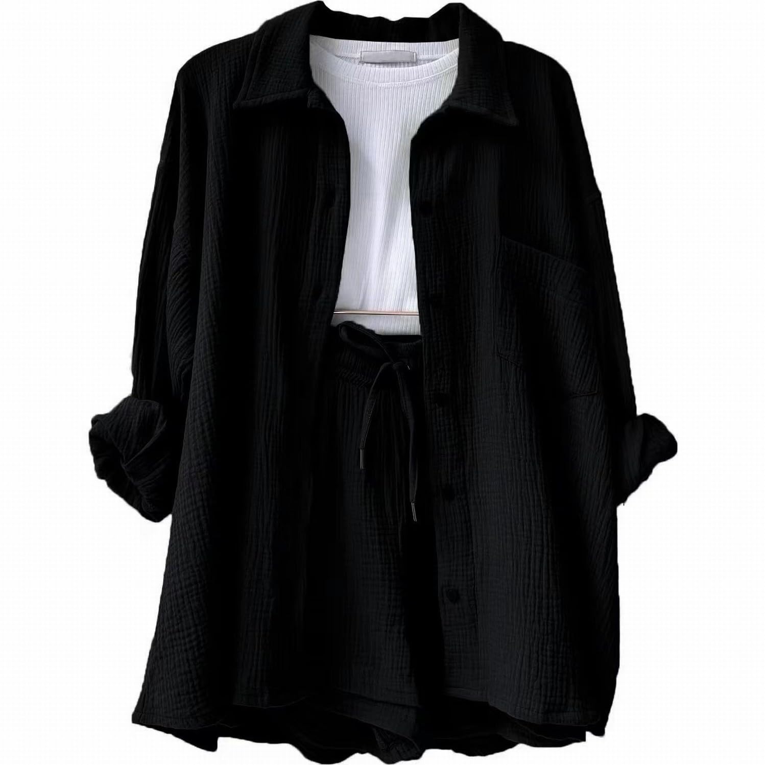 Tuta Donna Camicia a Maniche Lunghe e Pantaloncini in Lino Completo Donna Casual Y2K Set di 2 Pezzi Primavera Autunno