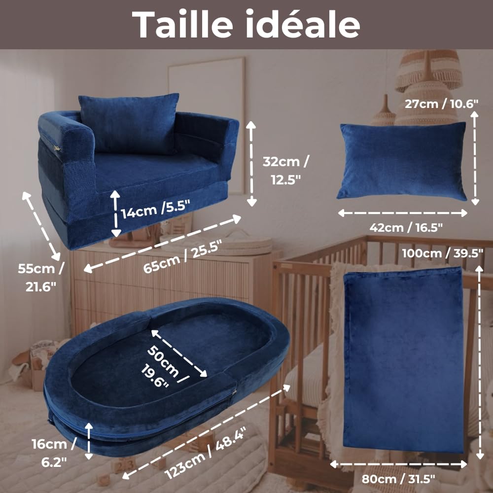 Canapé en Mousse pour Enfants avec Couverture & Oreiller, Sofa Convertible 3-en-1 Pré-assemblé pour Tout-petits, Chaise Pliable d'Intérieur & Lit de Sol Dépliable pour Garçons & Filles (Marine)