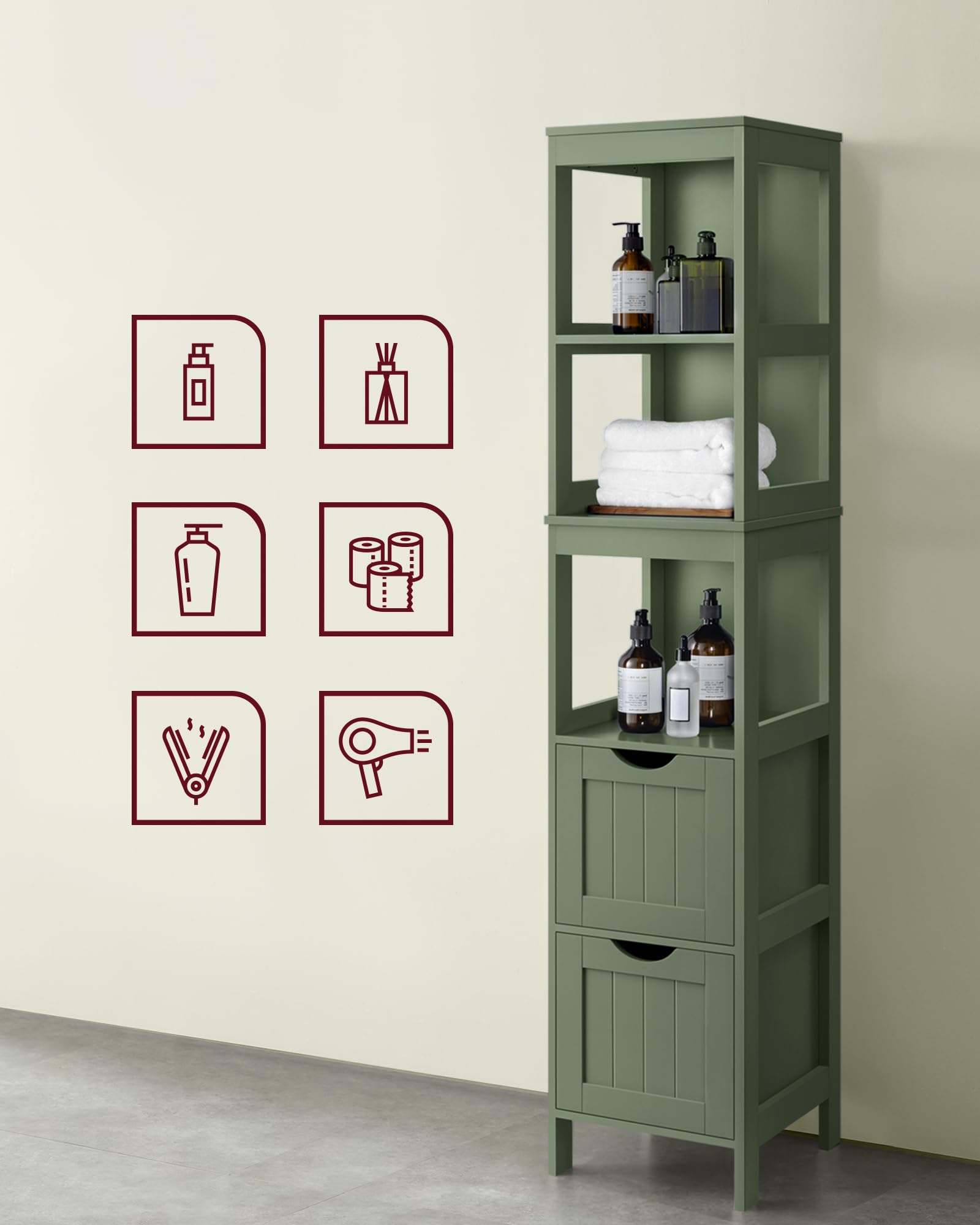 VASAGLE Bathroom Cabinet Free Standing Bathroom Furniture with 2 Drawers Open Compartments Bathroom Living Room Kitchen Modern 30 x 30 x 141.5 cm Forest Green BBC066C01