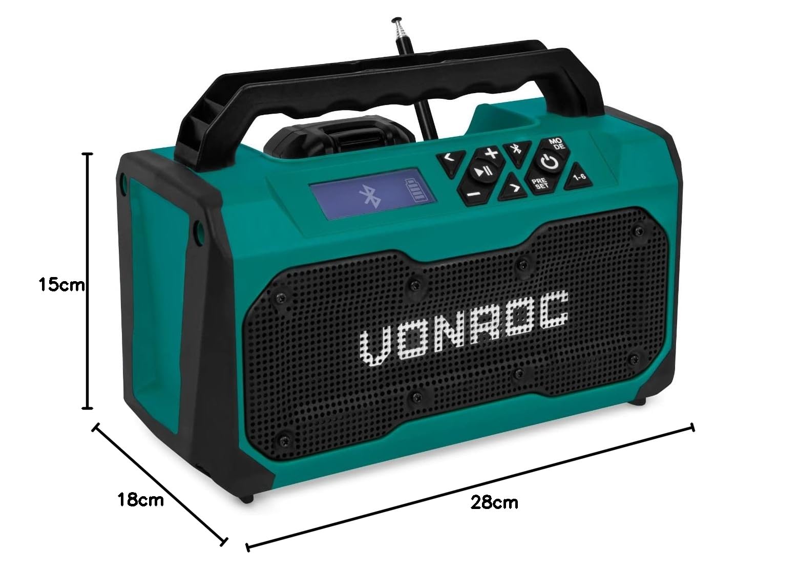 VONROC Radio de Obra 20V - FM, Bluetooth & USB - Altavoces Bass Reflex - Incl. batería 2.0Ah y Cargador rápido