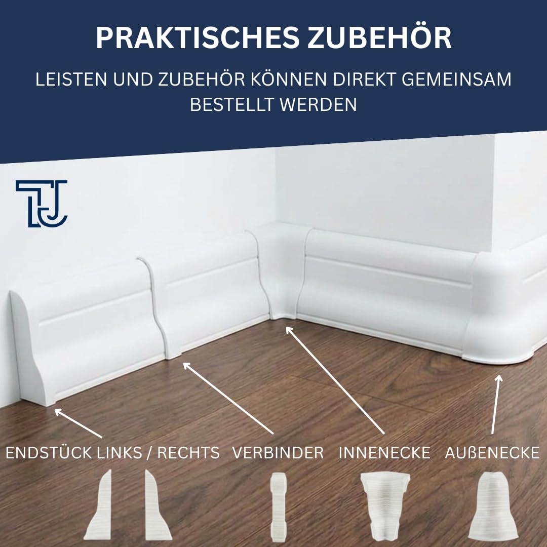 TJ Sockelleisten mit Kabelkanal [White | Länge 20 m] PVC Fußleisten Bodenleisten aus robustem Kunststoff in Holzdesign | mit Weichlippen | einfache Montage