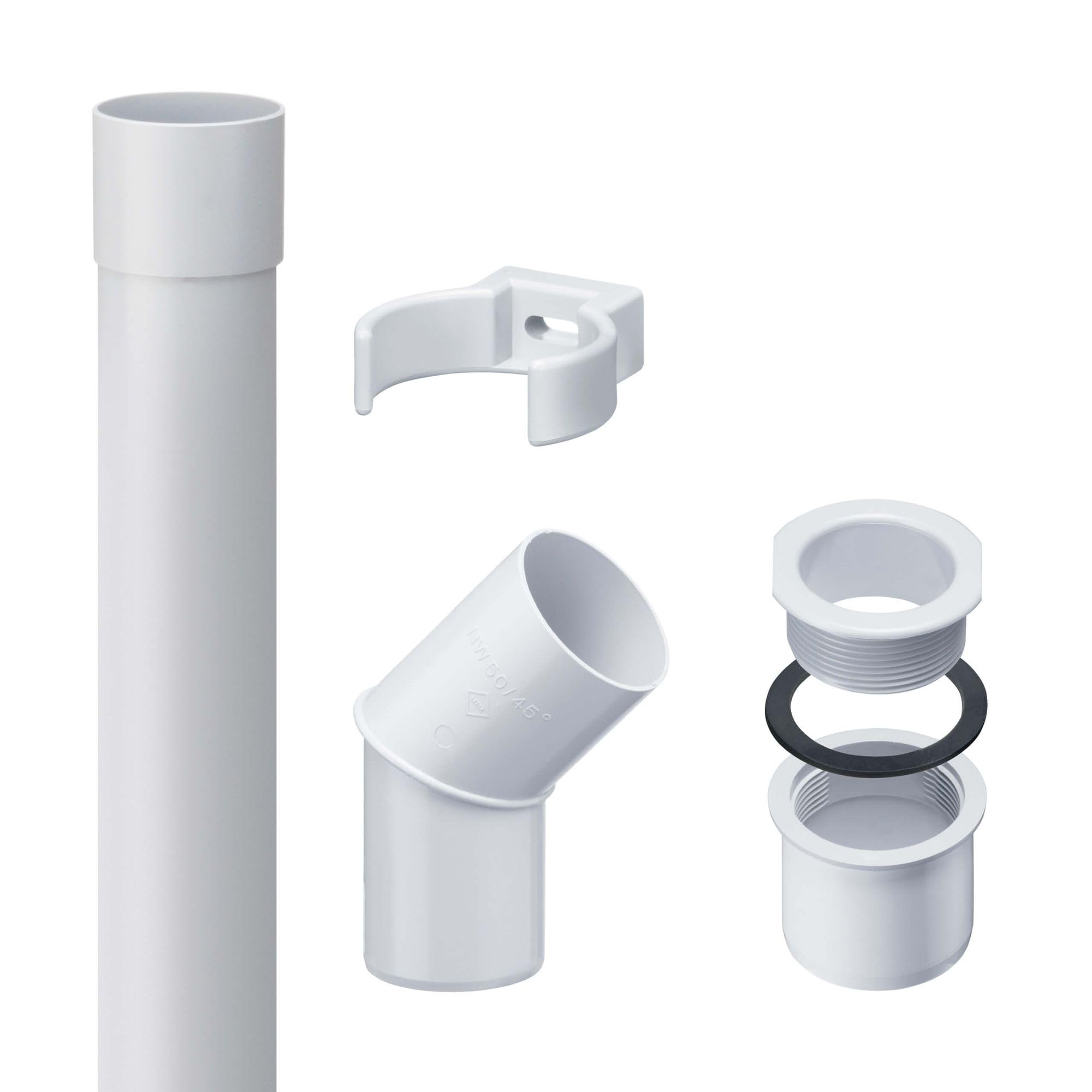 INEFA downpipe Set 50mm, PVC 2m White Gutter Accessories, Simple Push-fit Installation, Made in Germany