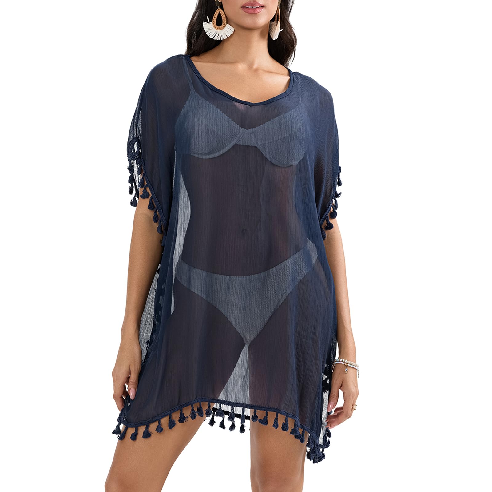 Owls-Yard Women See-through Bikini Cover Ups Sheer Tassel Beach Dress Swimsuit Fringe Beach Bathing Suit Blouse