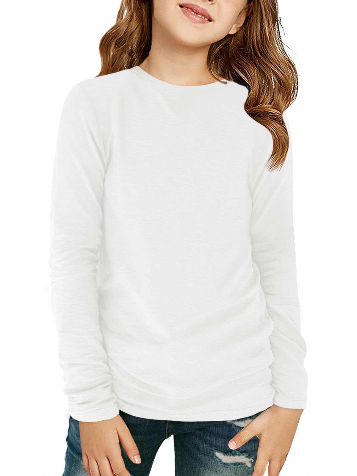 Haloumoning Girls Long Sleeve Crewneck T-Shirts Fall Tops 5-14Y | Solid Color Tees,Fashion Clothes