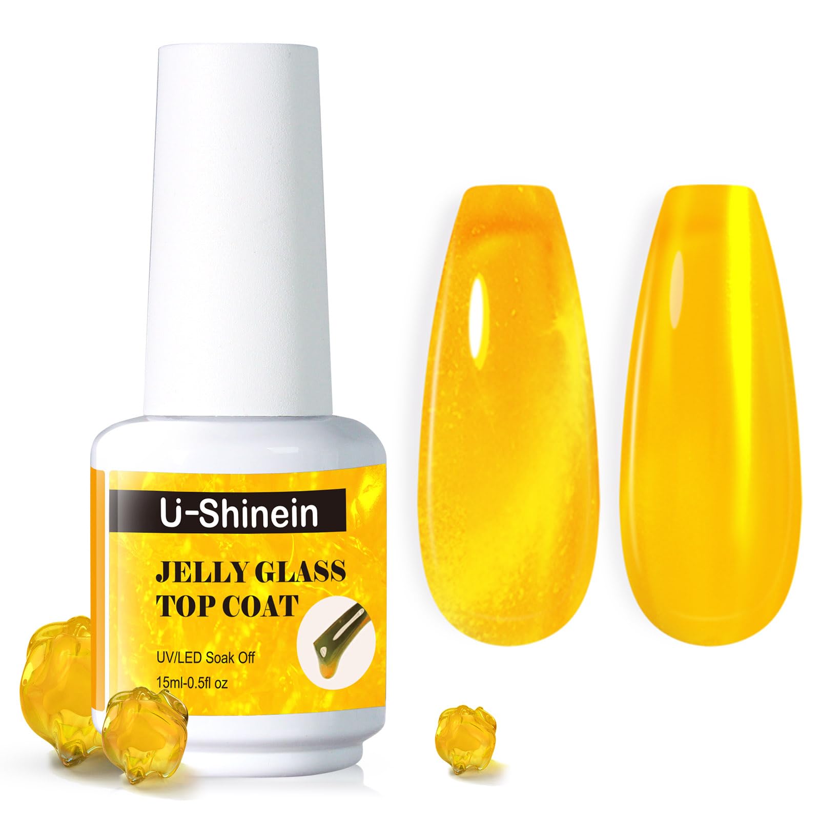 U-Shinein Jelly Gel Nail Polish Top Coat Gel for Glass Finish Sheer Golden Crystal Translucent Nail Polish Glass