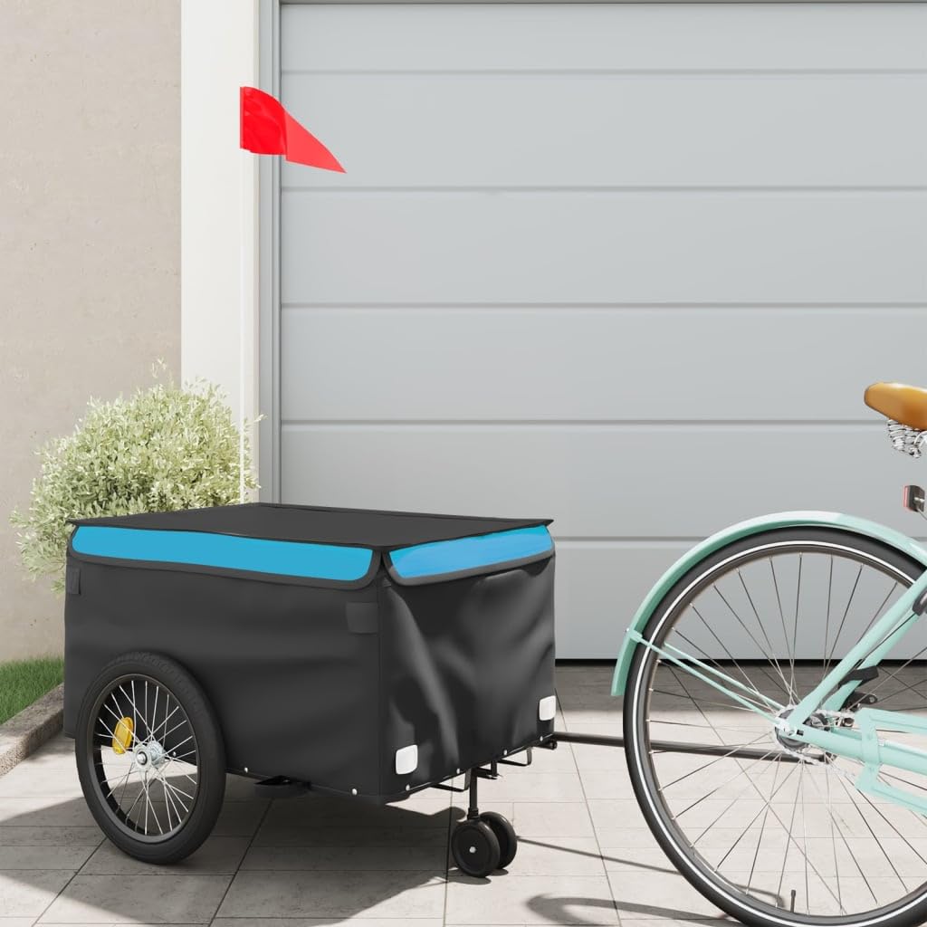 Fahrradanhänger schwarz rot aus Eisen, faltbar klappbar mit Kupplung, Sicherheitsflagge, geeignet für Transport von Gepäck, Hunde, Kinder, Outdoor Touren, Einkaufen