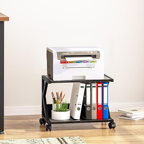 Miniatura 4 de aboxoo Soporte de impresora de escritorio con estantes de almacenamiento de madera de 2 niveles, mesa de impresora debajo del escritorio,
