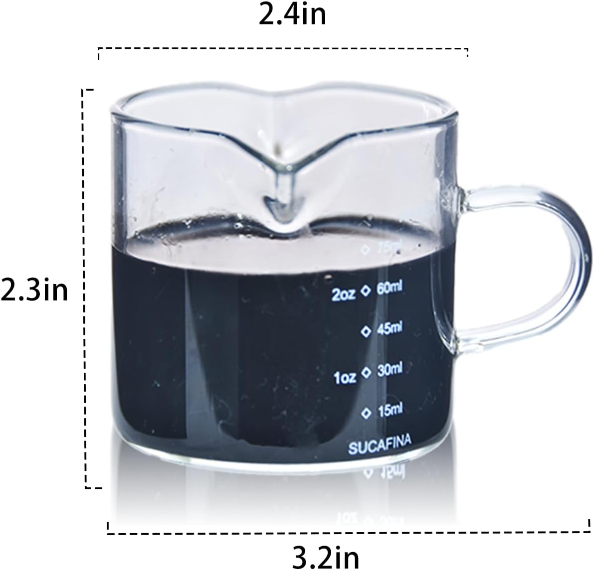 2pcs Espresso Measuring Cups, Double-Spouts Espresso Shot Glass Cups with Handle, 75ml/2.5oz Triple Pitcher Milk Cup Coffee Bar Accessories (Glass Handle Set), Transparent