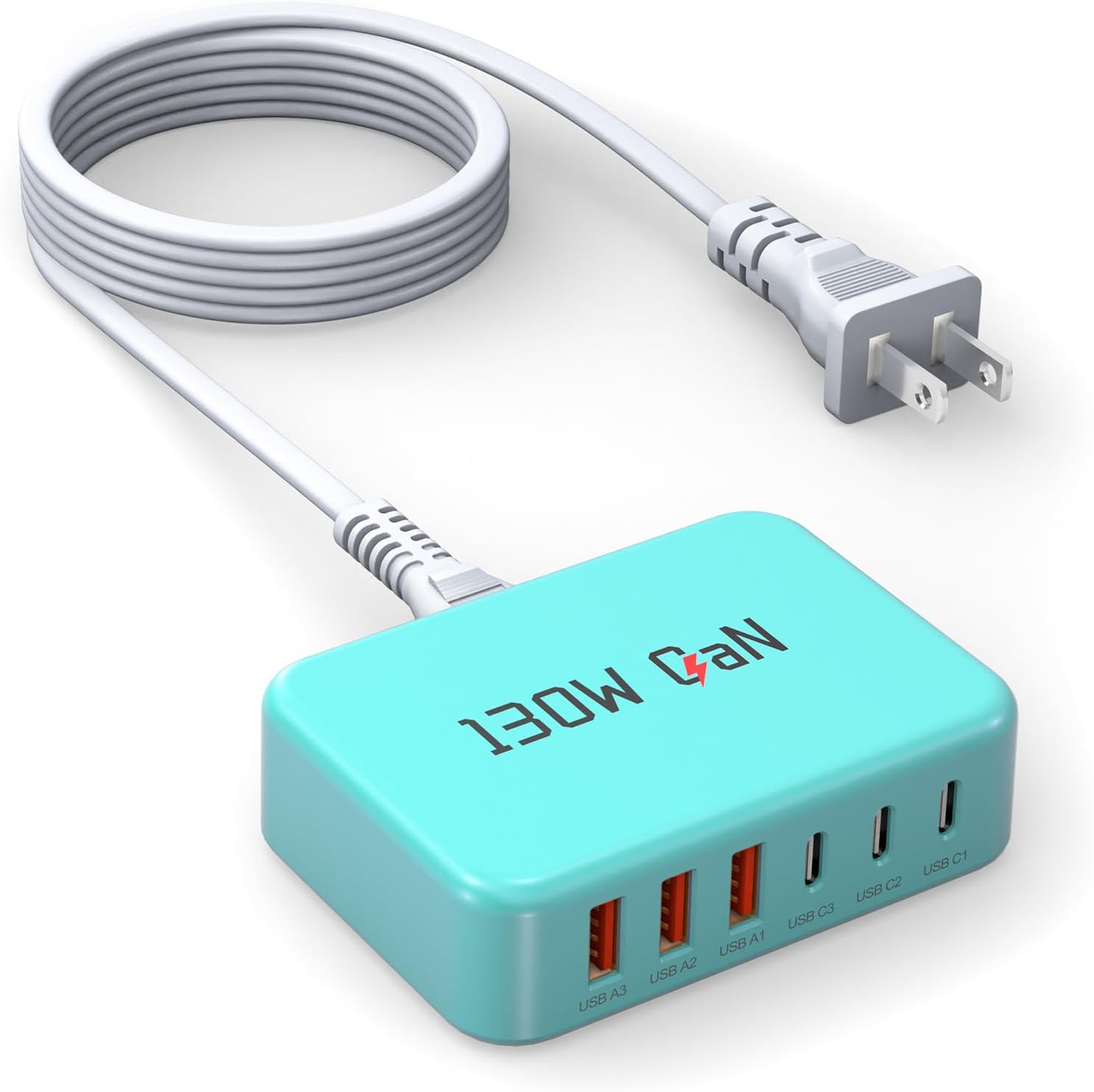 USB C Fast Charger Block,6-Port Charging Station,130W Max Output,No Need to Restart When Inserting a new Device,for iPhone17/16/15/14/13/12ProMax/Plus/Air,iPad/Pro,Galaxy S26/S25,5ft Power Cord-Blue